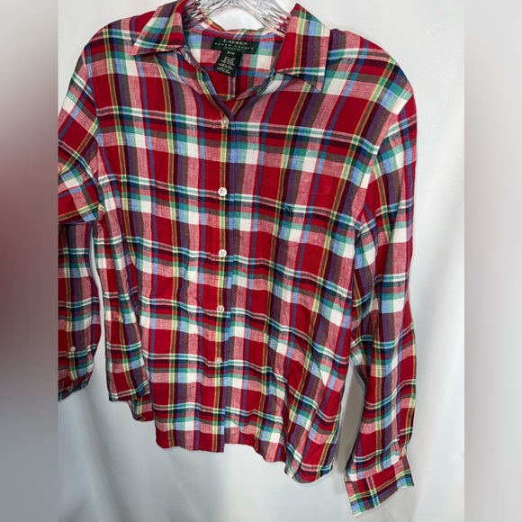 Lauren Ralph Lauren Linen Button Up Shirt Red Plaid PM - Picture 2 of 4